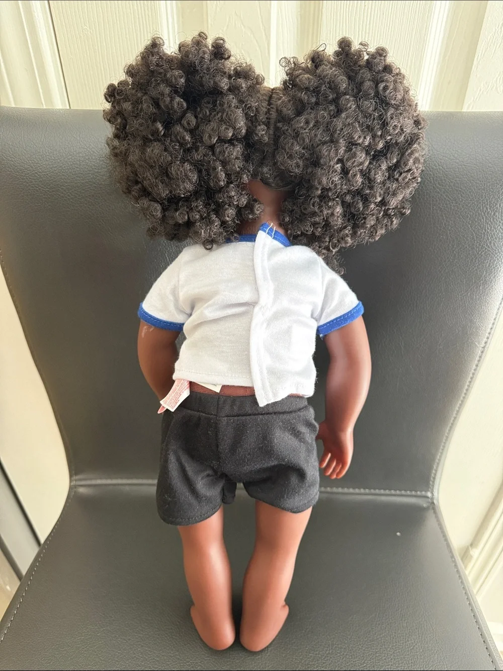 Classic Girls' Doll with Curly Hair - Black Skin, White & Blue Outfit